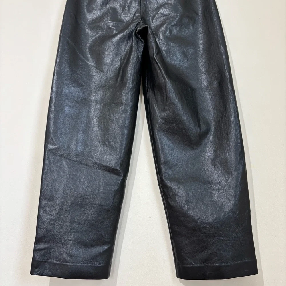 Wilfred preppy black soft faux leather high rise pleated straight leg crop pants